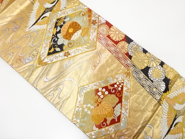 流水に菱・菊桐模様織り出し　袋帯